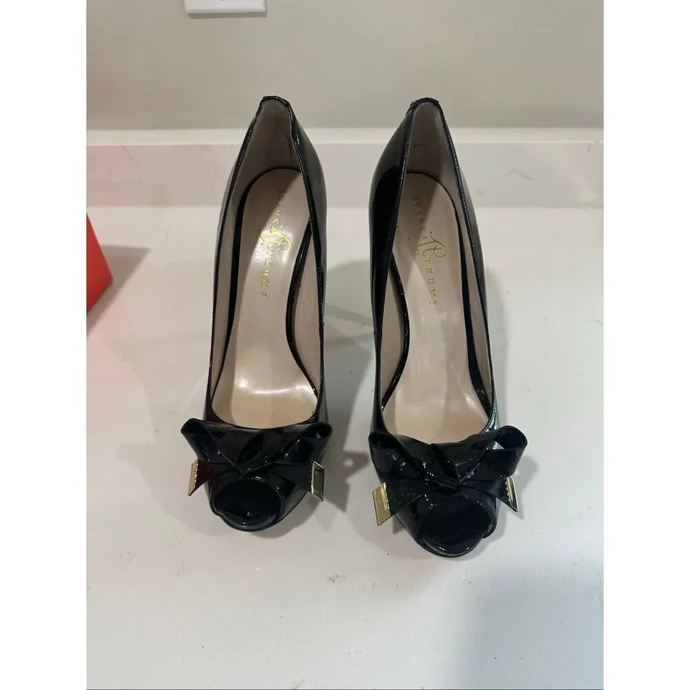 Ivanka Trump Black Patent Leather Peep Toe Pumps Bow 10